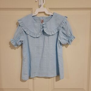 Girls Blue Cotton Frill Collar Blouse, 4Y
